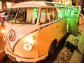 Yellow cream classic Volkswagen beetle limousine at night. Royalty Free Stock Photo